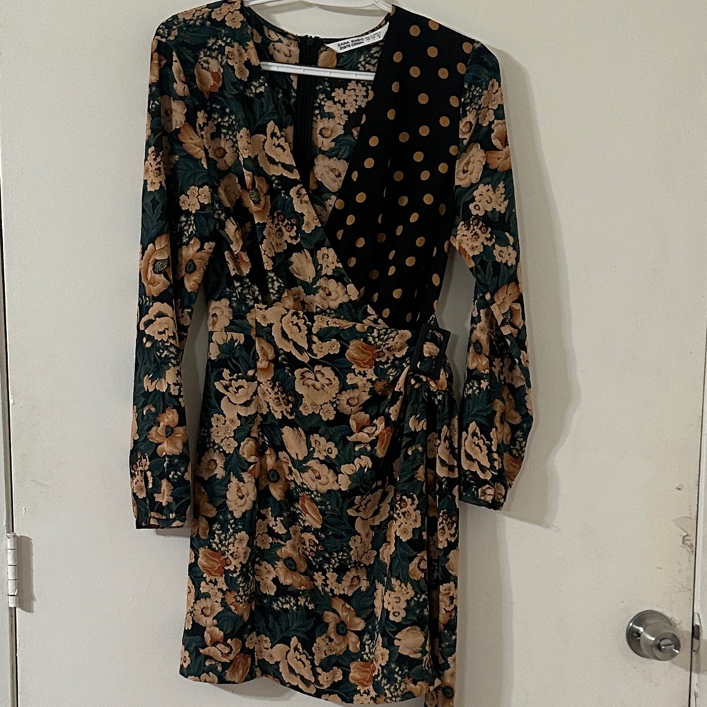 Zara Black and Brown Floral Long Sleeve Dress